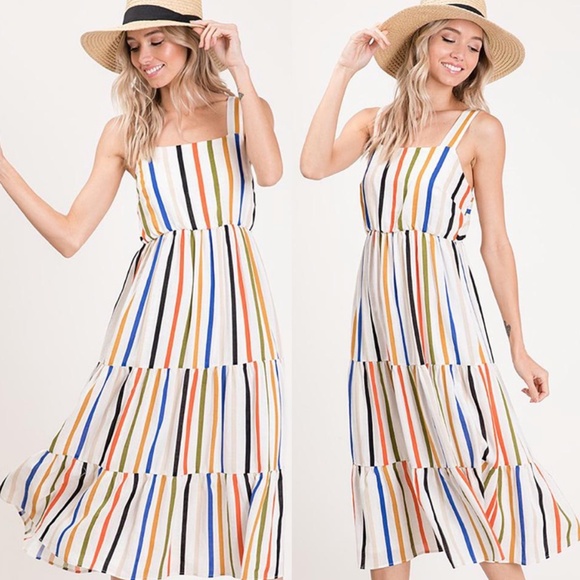 Ces Femme Multicolor Stripes Layered Ruffle Cami Midi Dress - Picture 2 of 2